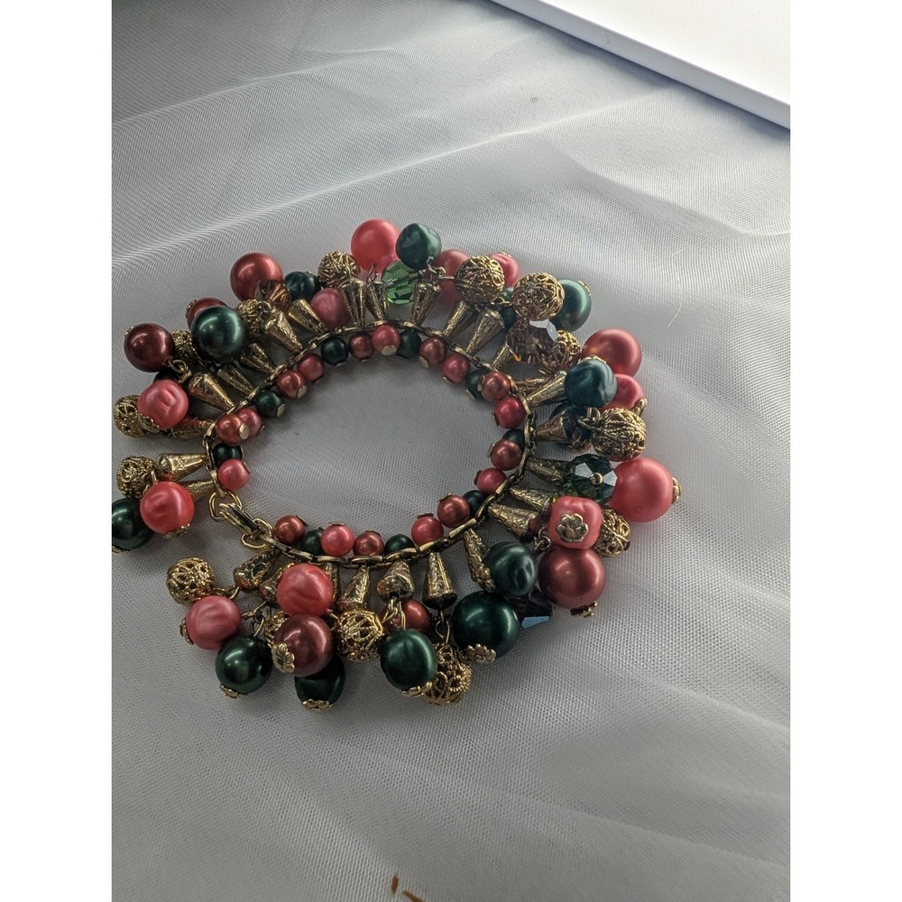 Mid-Century Pink Green Pearl Bead Tassel Collar Bracelet, Gold Tone Filigree - Picture 2 of 7
